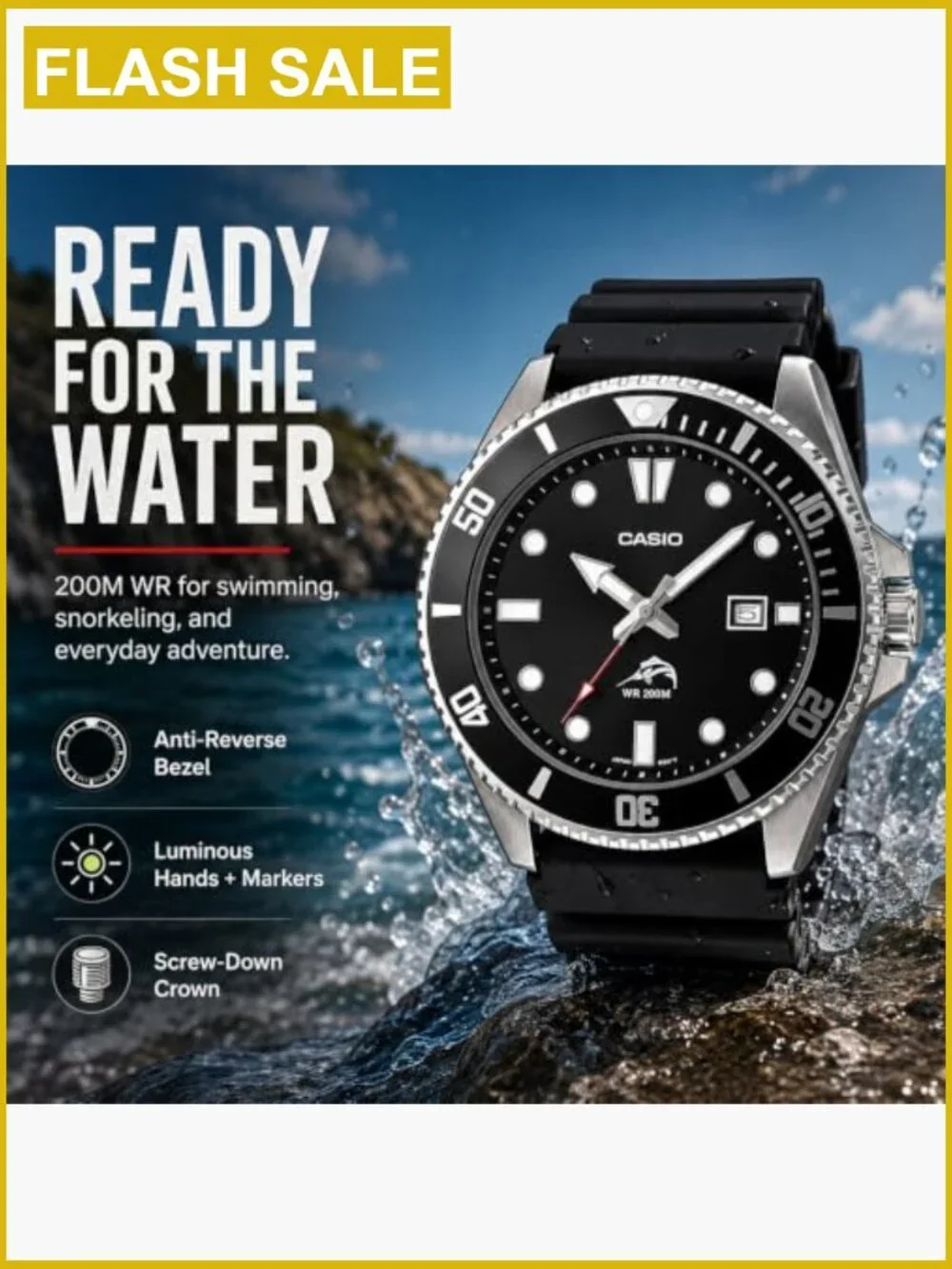 Unisex Analog Watch 200M Water Resistant Stainless Steel Resin Band Date Display